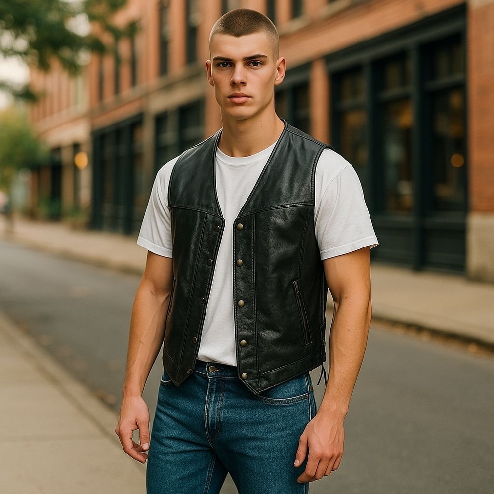 Xl Black Leather Motorcycle Vest with‎ Side Lacing